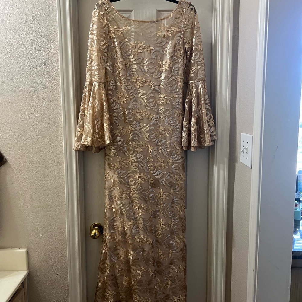 Calvin Klein Gold Sequin Gown with Bell Sleeves